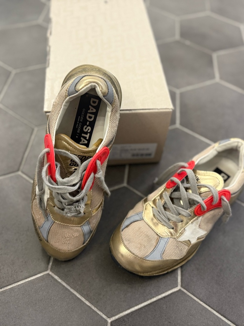 Golden Goose Gold, Gray & Neon Pink Lace Sneakers